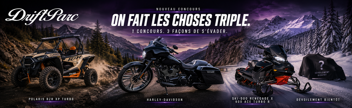 Concours GiftParc 4.0 : Polaris RZR, Harley-Davidson et forfait motoneiges. Un gagnant choisit un seul forfait.