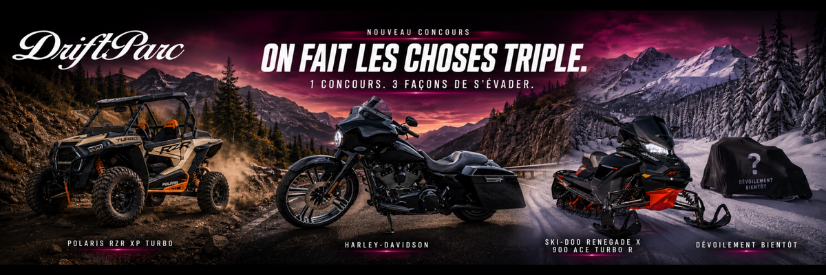 Concours GiftParc 4.0 : Polaris RZR, Harley-Davidson et forfait motoneiges. Un gagnant choisit un seul forfait.